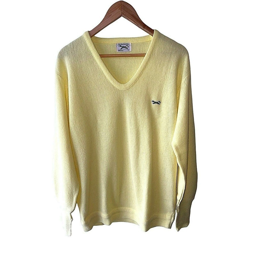 Vintage The Fox JCPenney Size L Yellow V Neck Pullover Sweater